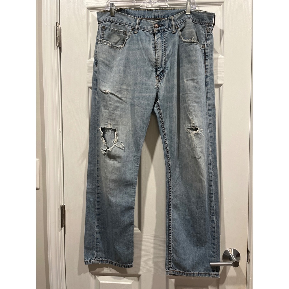Levis 505 Regular Fit Straight Leg Distressed Jeans Light Wash Mens 36x29